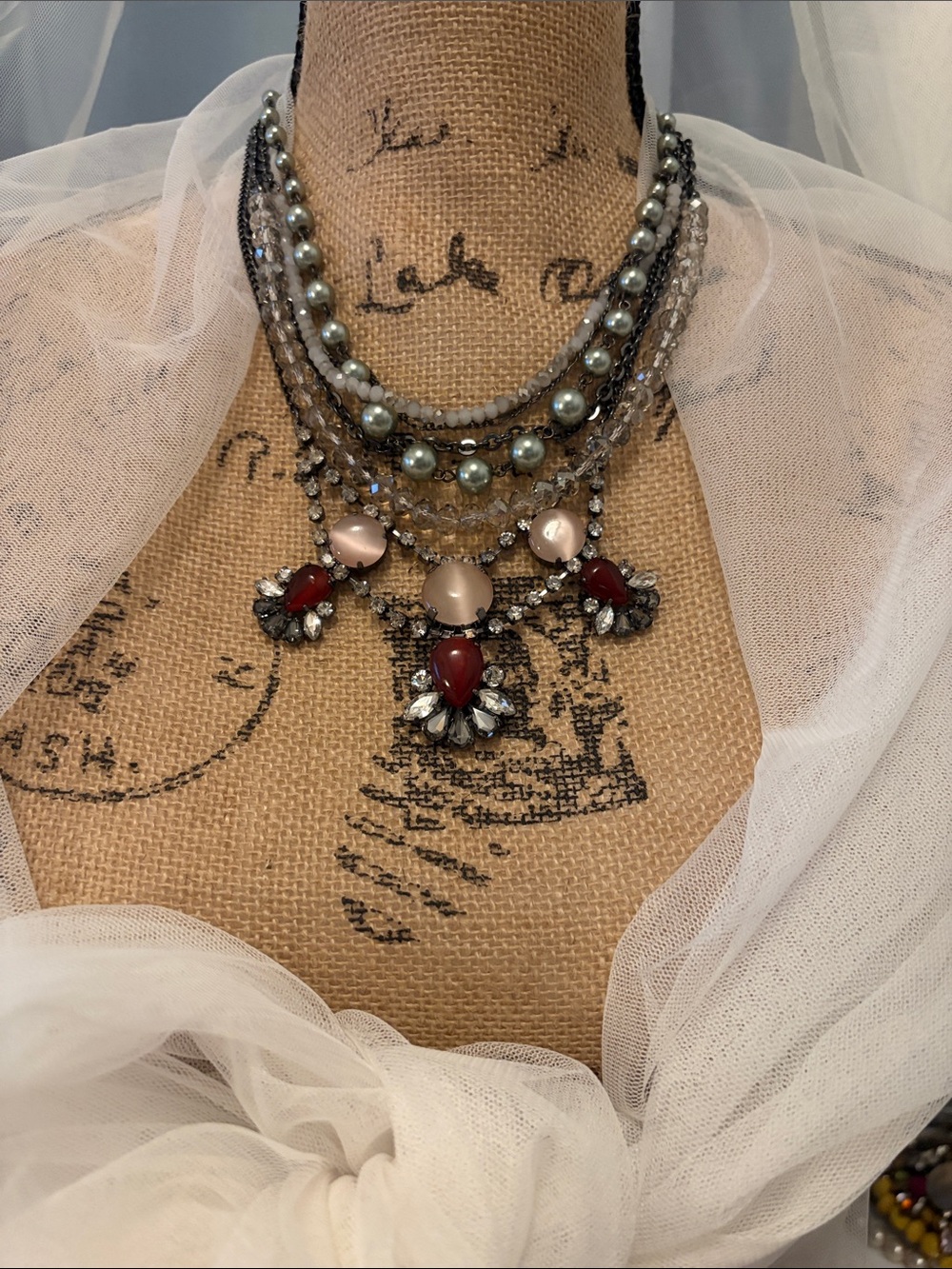 LOFT Layered Statement Necklace with Red Teardrops and Pearlescent Beads